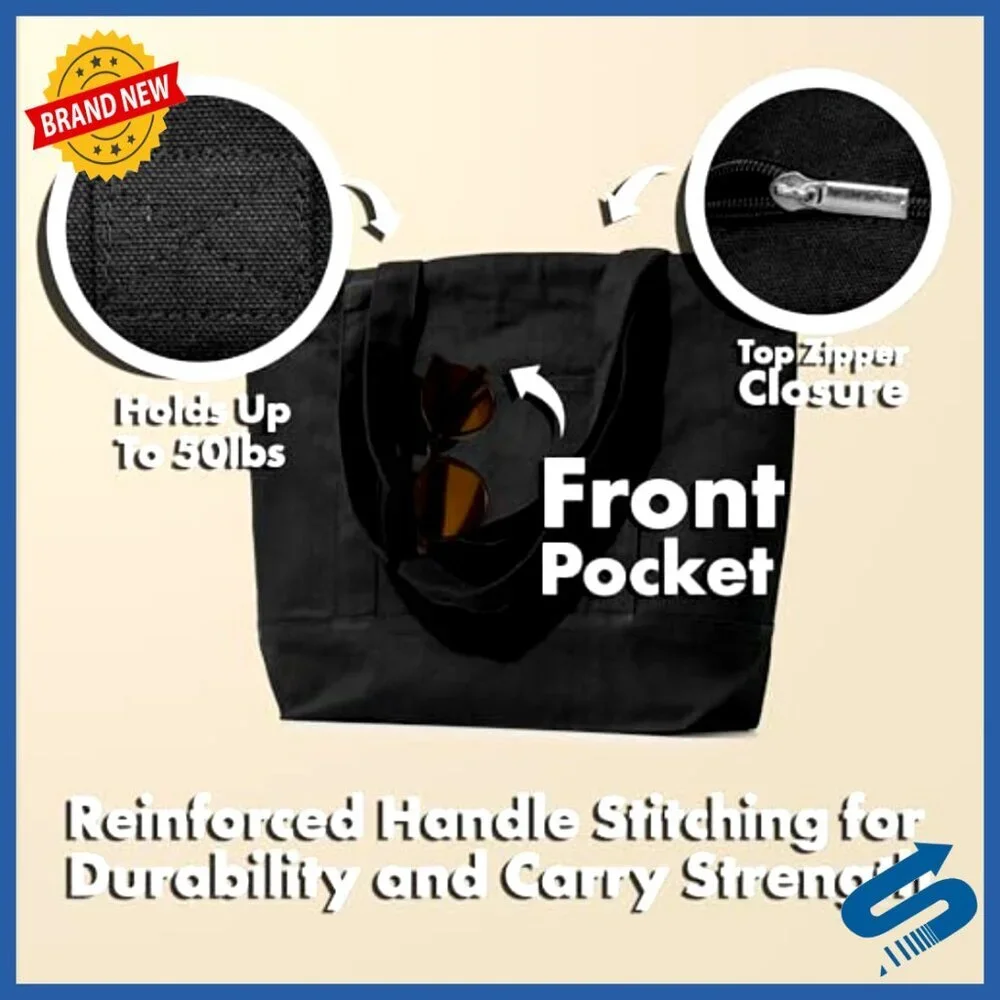 Heavy Duty Canvas Tote Bags with Zipper Reusable Shopping Eco Friendly